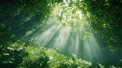 Sunbeams pierce through lush green canopy in a misty forest.