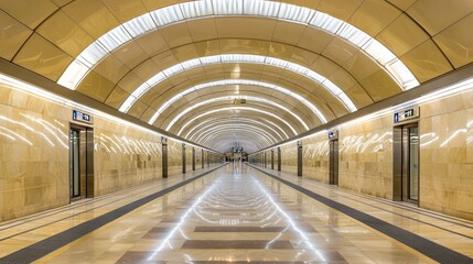 Elegant subway station platform with high arched ceiling and shiny floor.