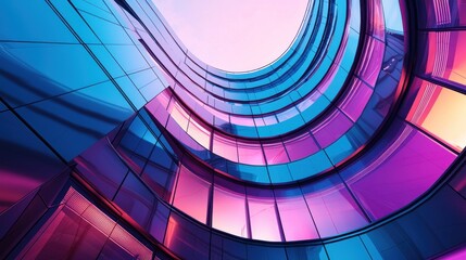 Naklejka premium Modern curved glass building facade at sunset.