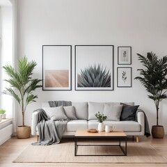 Modern Minimalist Living Room Interior with Plants and Artwork
