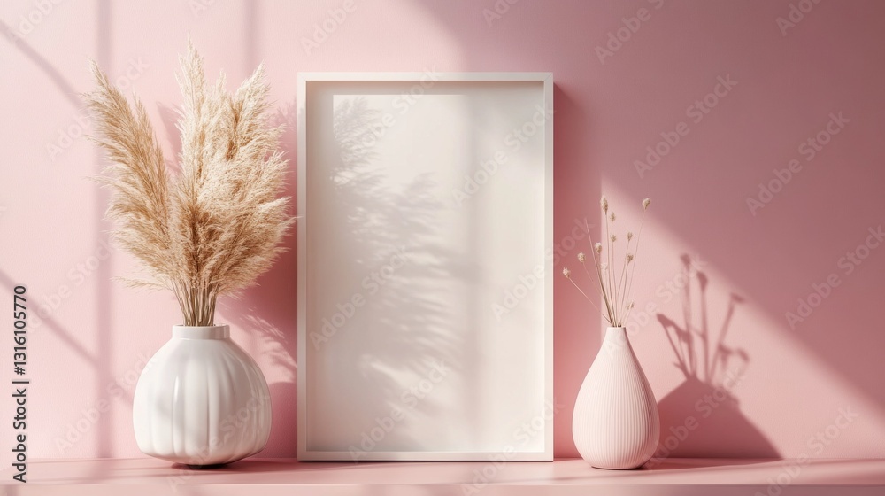 Poster a serene interior setup highlights a blank white frame next to elegant vases filled with dried flowe