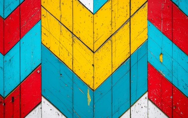 Brightly colored wooden chevron patterns in vibrant red, yellow, and blue for decorative purpose