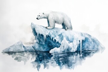 Naklejka premium A stunning artistic representation of a polar bear standing on an iceberg, reflecting its majestic solitude in the serene Arctic landscape, highlighting wildlife beauty.