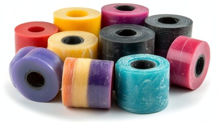 A close up shot depicts a collection of colorful cylindrical objects with textured surfaces and central holes, arranged on a white background.
