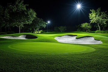 Serene golf course illuminated at night with vibrant green grass and sand traps under bright spotlights