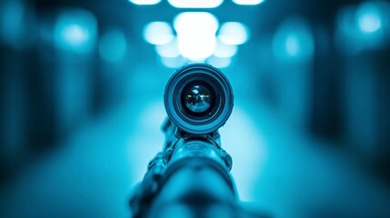 Obraz premium Close up view of a rifle scope, cool blue tones, blurred background suggesting a hallway or tunnel. Focus is sharply on the lens.