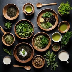 Flatlay of Various Types of Green Tea and Herbs