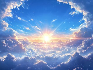 Fototapeta premium Radiant Sunlight Breaking Through Fluffy Clouds in a Dreamy Blue Sky Serene Horizon Above the Clouds
