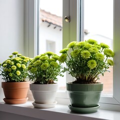 Fototapeta premium Green Chrysanthemum Plants in Pots on Window Sill