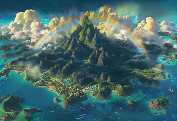 Fantasy Tropical Island with Lush Mountains and Vibrant Rainbow