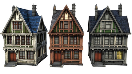 Fototapeta premium Three distinct houses showcasing unique architectural styles, colors, and designs against a clear background