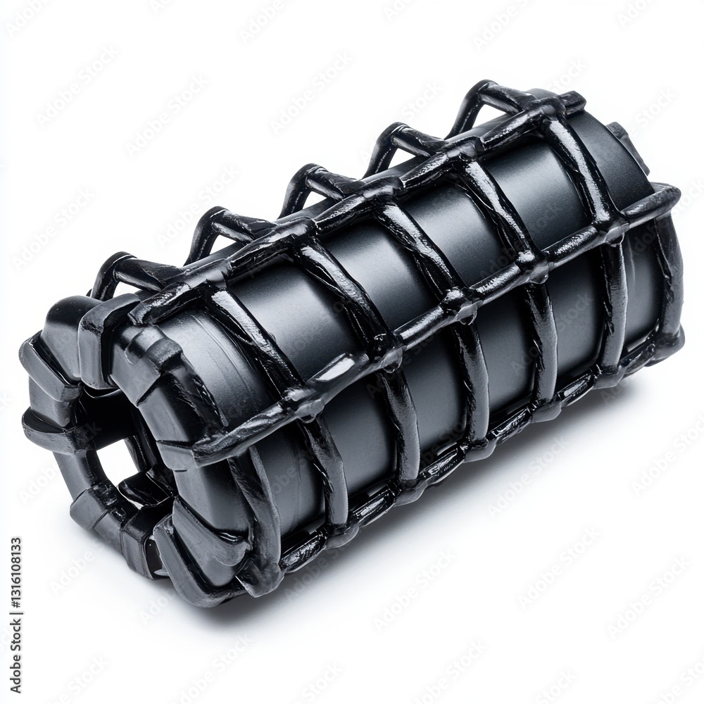 Poster close up view of a dark gray cylindrical object with a complex, cage like structure. the object is i