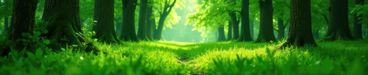 Obraz premium A carpet of emerald green grass beneath trees, forest floor, natural light filtering