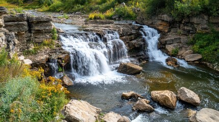 Fototapeta premium Serene Waterfall Cascading Over Rocks in Lush Green Landscape