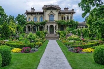 Grand Victorian mansion with lush garden and pathway.