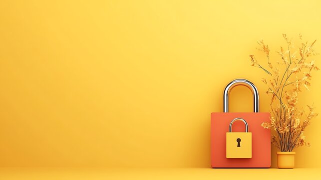 Vibrant Yellow Background 3D Render: Orange Padlocks and Dried Flowers AI Generated