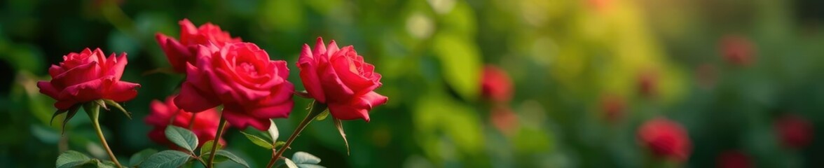 A colorful bouquet of red roses against a green leafy landscape, blooming, garden, bouquet