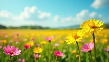 Fototapeta premium A colorful field of yellow and pink wildflowers in full bloom, buttercup, dandelion