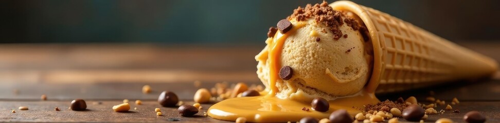 Fototapeta premium A colorful peanut butter and chocolate ice cream cone sits on a wooden table,, peanut butter