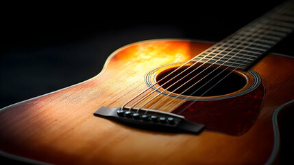 Fototapeta premium Close Up Of An Acoustic Guitar With Warm Lighting On Dark Background Highlighting Wood Grain And Metal Details