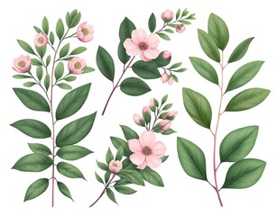 Pink Flower Branches and Green Leaves Botanical Illustration
