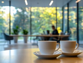Serene office scene with coffee cups on table and blurred background of person working at desk near window