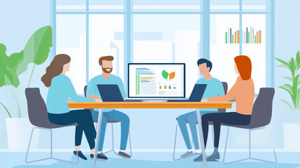 Three Marketing Professionals Analyzing Data on a Laptop in a Modern Office Space.