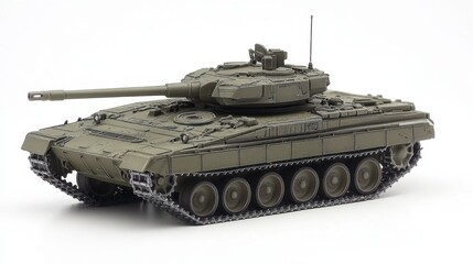 Olive green military tank model, detailed side profile view against a white background. The tank shows intricate details of its tracks, turret, and gun.