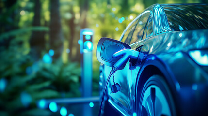 Electric vehicle charging with blue energy glow, symbolizing sustainable mobility and clean energy transition.