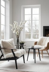 Cozy Minimalist Living Room Interior with Sheepskin Chairs and White Flowers