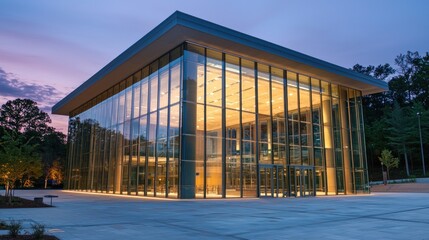 Fototapeta premium Modern glass building at dusk.