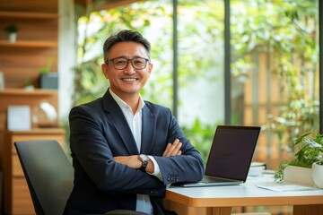 Portrait of mature experienced Asian businessman inside office at workplace, boss programmer sitting at desk with arms crossed smiling and looking at camera with laptop
