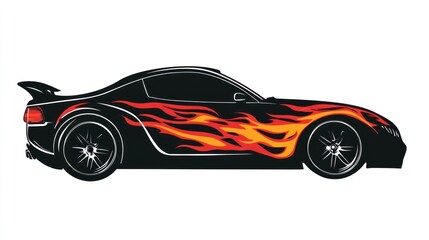 Fototapeta premium Black sports coupe with flame graphic design.