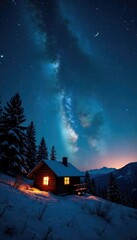 Cabin and trees disappear into the starry night, vastness,
