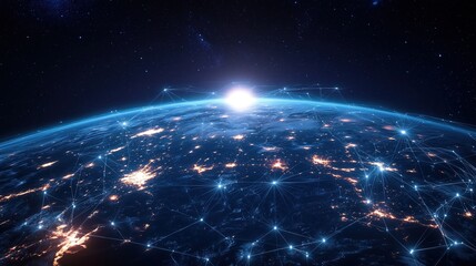 Obraz premium Futuristic Earth-centered network with glowing crypto nodes and IoT connections, symbolizing global digital connectivity.