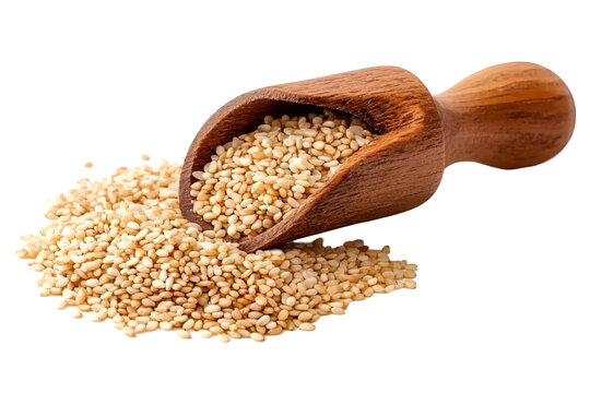 esame seeds in wooden spSoon isolated on white background