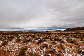 Light snowfall seen from Highway 163 near Monument Valley.