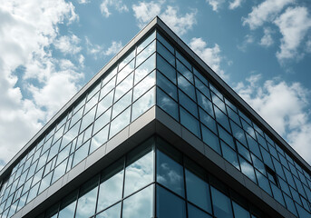 Modern Glass Building Architecture against a Bright Sky A Stunning Low Angle View of a Contemporary Office Building Reflecting the Clouds and Sky