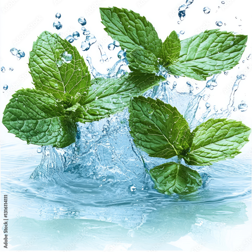 Poster fresh mint leaves splashing in clear water, creating refreshing scene