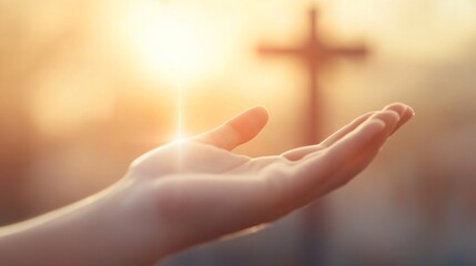 Good friday blessings, Outstretched hand toward light, serene background with cross symbolizing faith, hope and spiritual connection, inspirational theme.