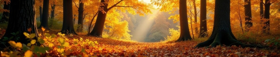 Fototapeta premium Dense foliage of deciduous trees golden yellow and orange hues fall leaves scattered on forest floor, leaves, pine