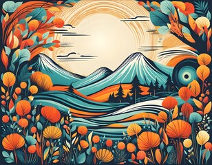 This image is a vibrant, stylized landscape artwork featuring a mountainous scene with lush floral foreground elements.