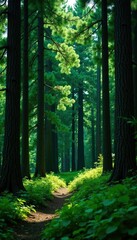 Obraz premium Dense foliage of pine trees forms a lush green wall in the forest background, tree tops, forest floor