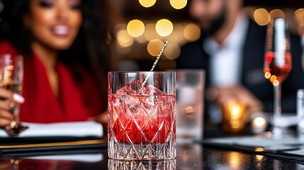 A woman sitting at a bar with a glass of red liquid in front of her