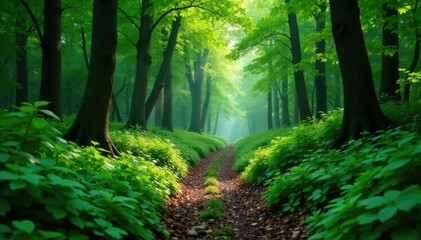 Obraz premium Dense foliage on both sides of the winding forest path, undergrowth, green