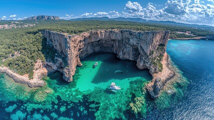 Aerial View of Pristine Coastal Cove Surrounded by High Cliffs and Crystal Clear Turquoise Water in a Mediterranean Location