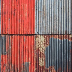 A close-up of corrugated metal sheets displaying a mix of rust, red, and gray hues, showcasing texture and wear over time.