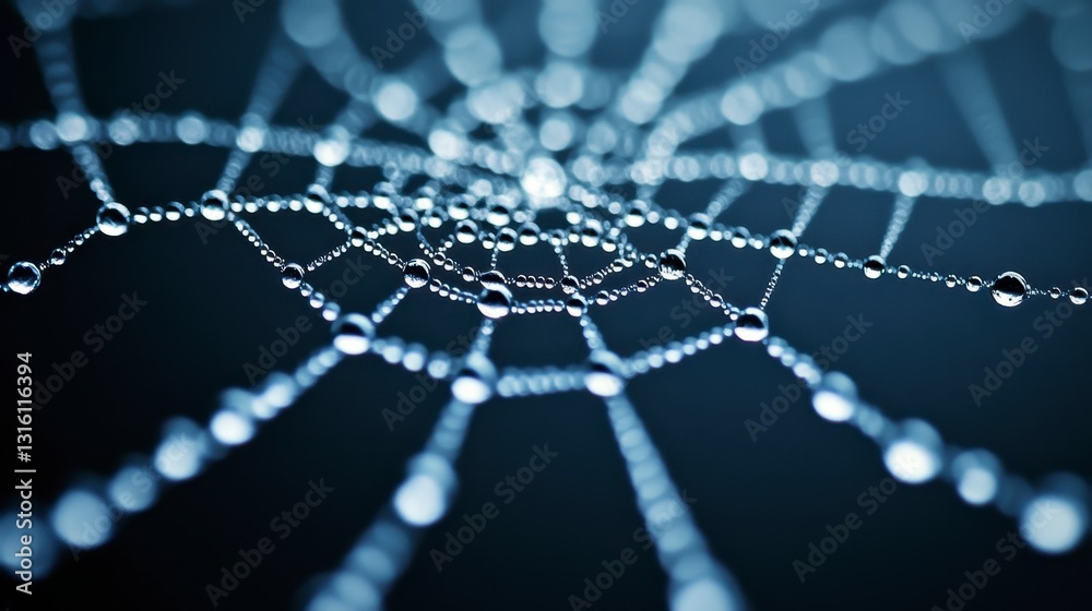 Wall mural close up view of a spiderweb glistening with water droplets, dark background, shallow depth of field