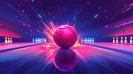 Vibrant pink bowling ball striking pins in a neon-lit alley.