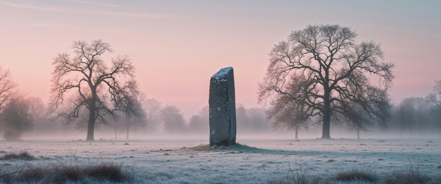 Ancient stone monolith in frosty field at sunrise with trees.